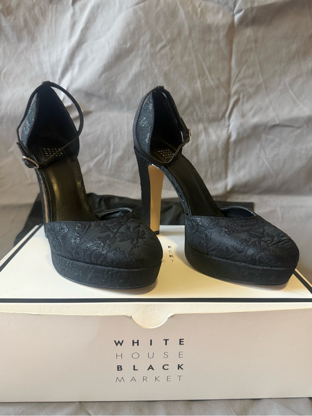 WHBM - Katrina 7 Black floral Platform 5” High Heels w Ankle Strap